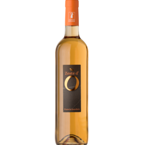 Photo d'une bouteille de vin orange nommée 'Zeste d'O' produite par Francis Jourdain. La bouteille a une étiquette noire et orange avec un grand 'O' doré au centre. Le bouchon est de couleur orange avec un logo blanc.