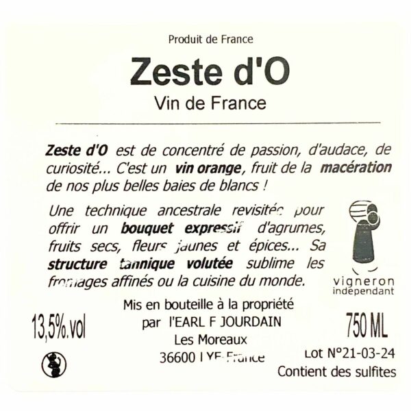 Contre étiquette du vin orange Zeste d'O des Vignobles Jourdain