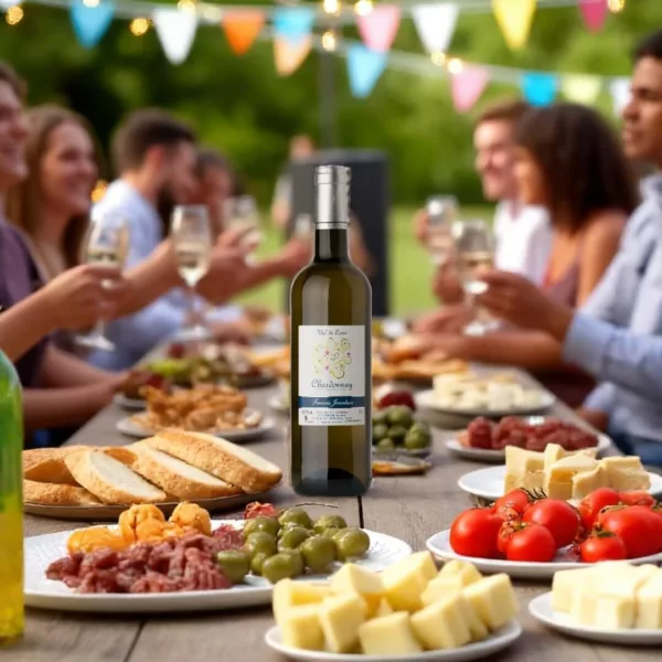 Bouteille de Chardonnay posée au milieu d’une table festive, entourée de jeunes en pleine fête d’été, musique, rires, bouchées à partager.
