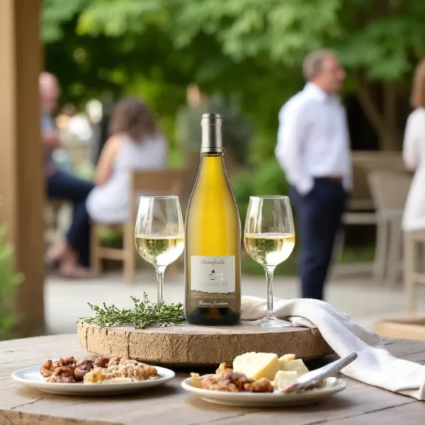 Bouteille de vin blanc Chèvrefeuille posée sur un comptoir clair, entourée d’amis debout qui discutent et rient, ambiance conviviale et lumineuse.