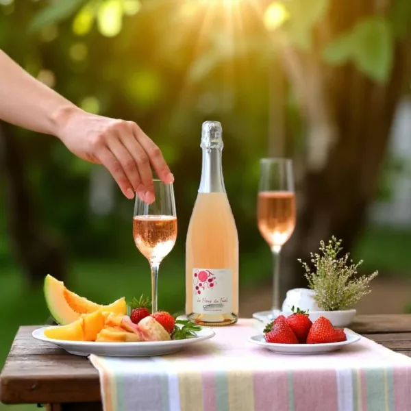 Bouteille de pétillant rosé Fleur de Fusil posée sur une table d’apéritif estivale, avec flûtes, tapas et amis en arrière-plan, ambiance conviviale au crépuscule.