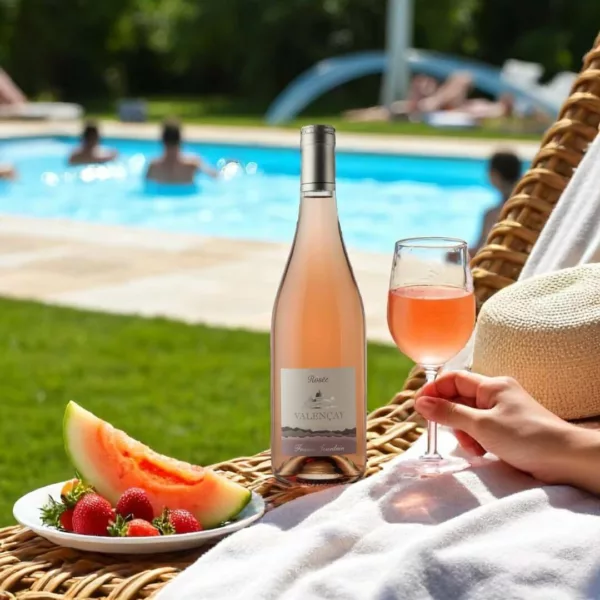 Bouteille de Rosée posée sur une table près d’une piscine, un verre à la main, des gens qui se baignent à l’arrière-plan, ambiance détente et fraîcheur.