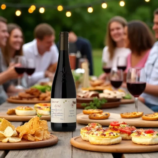 Bouteille de Saveur d’Été posée sur une table entourée de jeunes amis qui dansent et rient, apéro généreux, assiettes en bois, ambiance vivante.