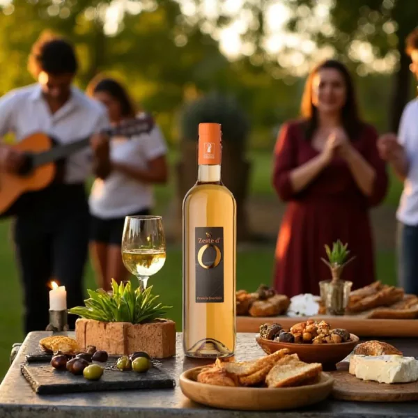 Bouteille de Zeste d’O et verre assorti posés sur une table basse, devant un groupe en soirée flamenco : guitare, danse, braséro, ambiance bohème et chaleureuse.