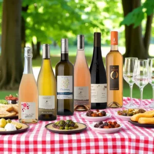 Table de pique-nique avec nappe rouge, amuse-bouches, verres à vin et les bouteilles du coffret “Été Carpe Diem”, en lisière de forêt.